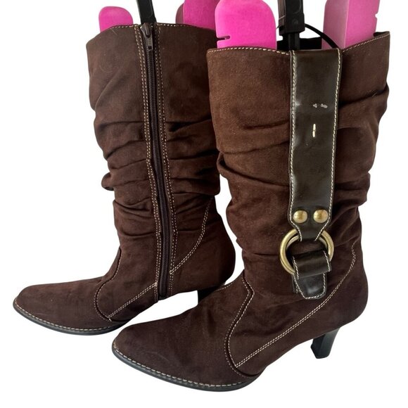 Predictions Womens 11 High Heel Brown Suede Slouchy Boots Mid Calf Boho Hippie - Picture 4 of 16